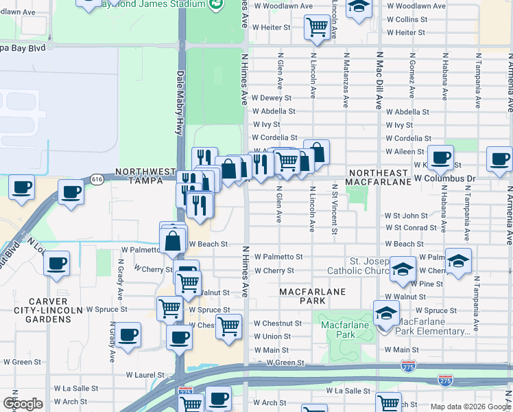 map of restaurants, bars, coffee shops, grocery stores, and more near 2609 North Himes Avenue in Tampa