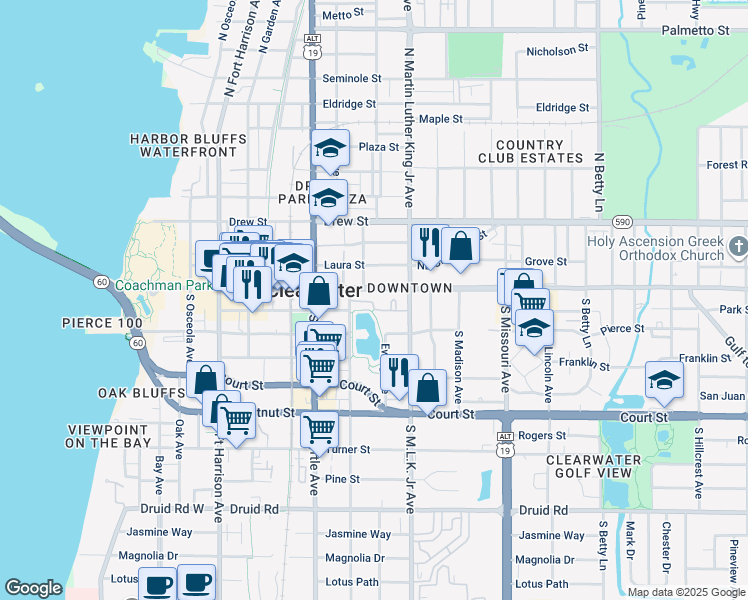 map of restaurants, bars, coffee shops, grocery stores, and more near in Clearwater