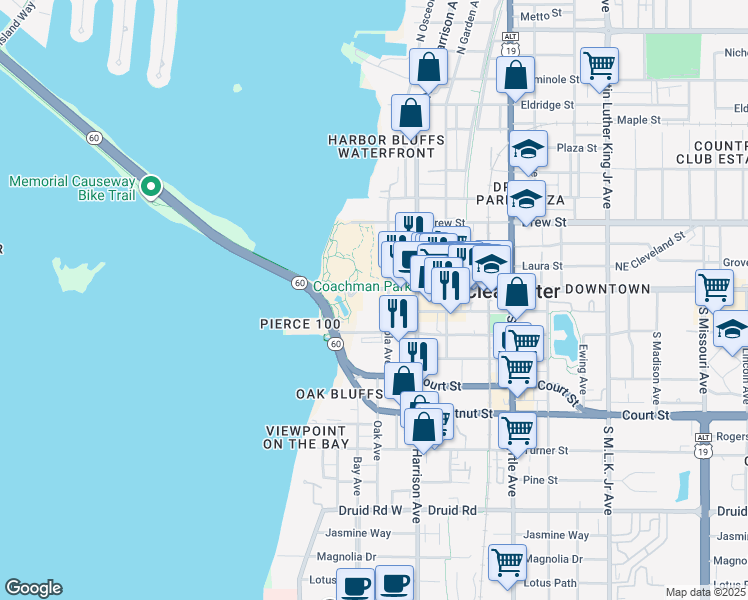 map of restaurants, bars, coffee shops, grocery stores, and more near 10 South Osceola Avenue in Clearwater