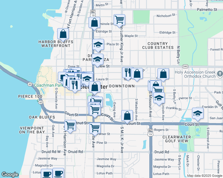 map of restaurants, bars, coffee shops, grocery stores, and more near 908 Cleveland Street in Clearwater