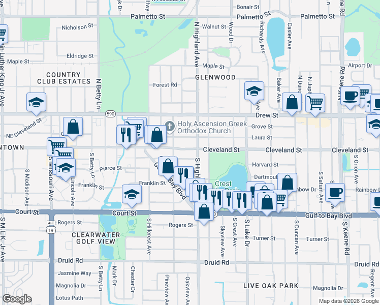 map of restaurants, bars, coffee shops, grocery stores, and more near 1483 Laura Street in Clearwater