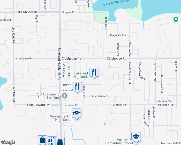 map of restaurants, bars, coffee shops, grocery stores, and more near 5428 Overlook Point in Lakeland