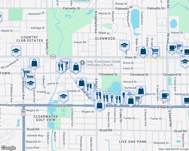 map of restaurants, bars, coffee shops, grocery stores, and more near 1493 Cleveland Street in Clearwater