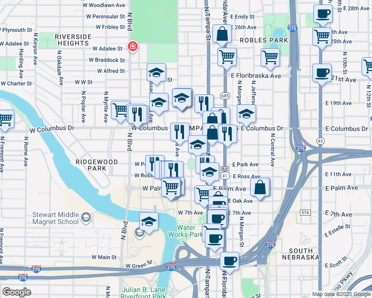 map of restaurants, bars, coffee shops, grocery stores, and more near 2502 North Highland Avenue in Tampa