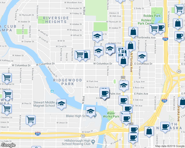 map of restaurants, bars, coffee shops, grocery stores, and more near 321 West Amelia Avenue in Tampa