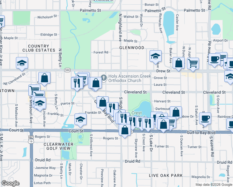 map of restaurants, bars, coffee shops, grocery stores, and more near 1483 Laura Street in Clearwater
