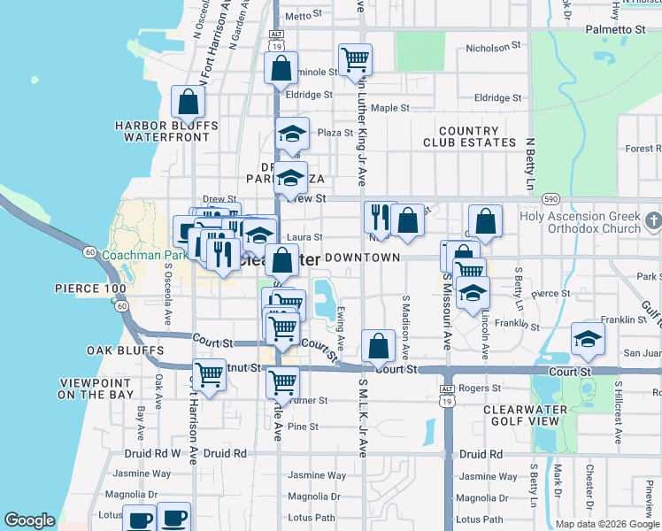 map of restaurants, bars, coffee shops, grocery stores, and more near 908 Cleveland Street in Clearwater