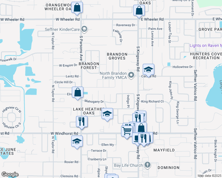 map of restaurants, bars, coffee shops, grocery stores, and more near 211 Parsons Woods Drive in Seffner