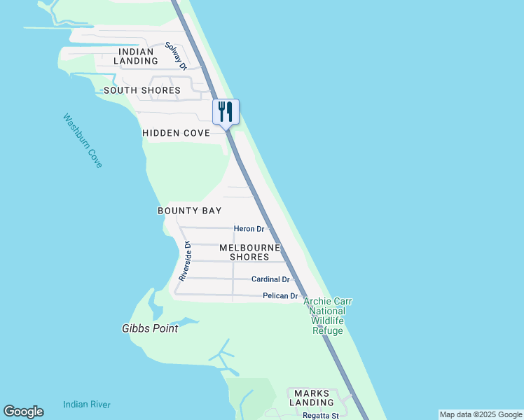 map of restaurants, bars, coffee shops, grocery stores, and more near 5795 South Highway A1A in Melbourne Beach