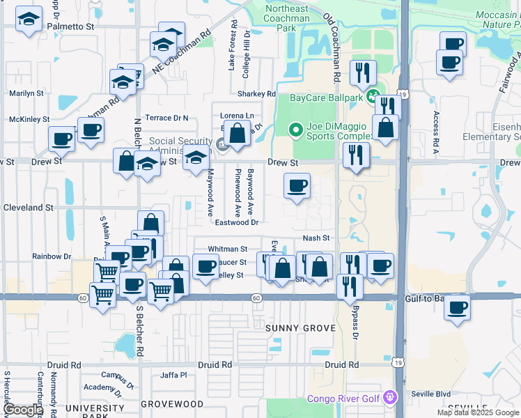 map of restaurants, bars, coffee shops, grocery stores, and more near 98 North Fernwood Avenue in Clearwater