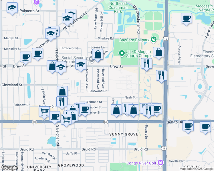 map of restaurants, bars, coffee shops, grocery stores, and more near 98 North Fernwood Avenue in Clearwater