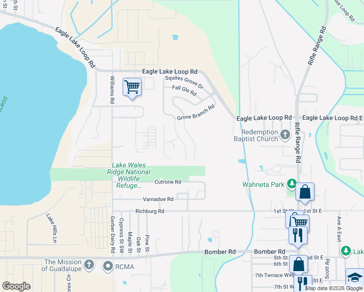 map of restaurants, bars, coffee shops, grocery stores, and more near 246 Grove Branch Road in Winter Haven