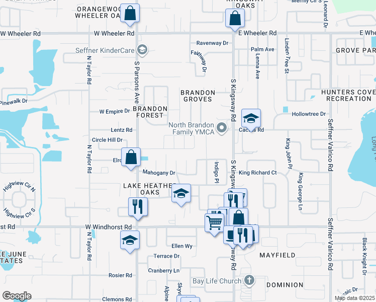 map of restaurants, bars, coffee shops, grocery stores, and more near 211 Parsons Woods Drive in Seffner