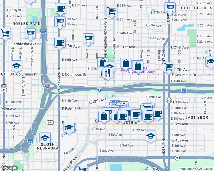 map of restaurants, bars, coffee shops, grocery stores, and more near 1316 East 15th Avenue in Tampa