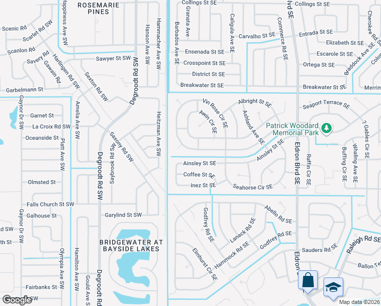 map of restaurants, bars, coffee shops, grocery stores, and more near 343 Vin Rose Circle Southeast in Palm Bay