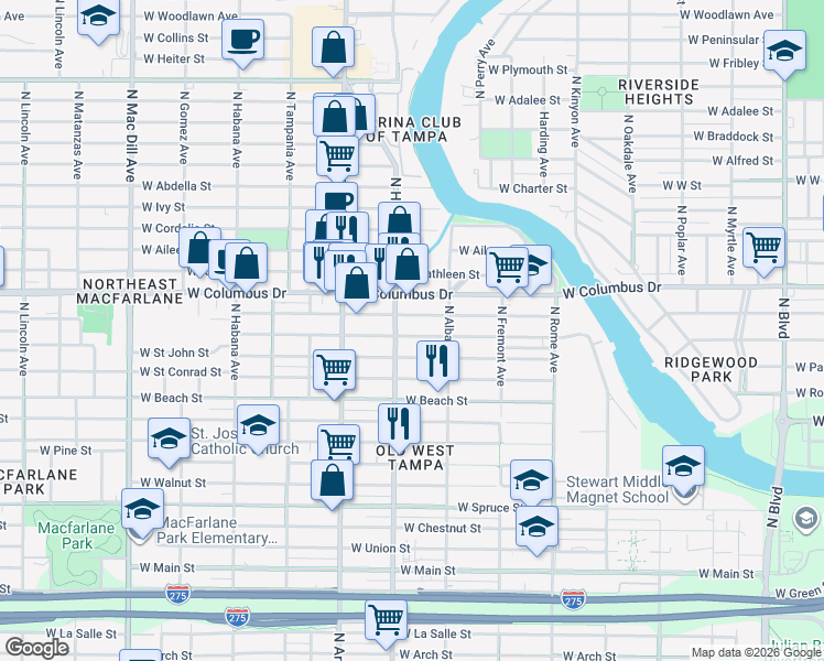 map of restaurants, bars, coffee shops, grocery stores, and more near 2125 West Saint Joseph Street in Tampa