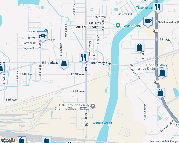 map of restaurants, bars, coffee shops, grocery stores, and more near 7409 East Broadway Avenue in Tampa
