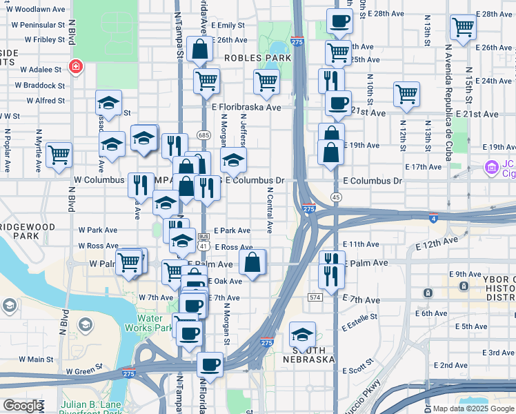 map of restaurants, bars, coffee shops, grocery stores, and more near 2405 North Jefferson Street in Tampa
