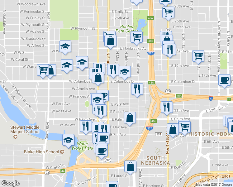 map of restaurants, bars, coffee shops, grocery stores, and more near 2402 North Morgan Street in Tampa