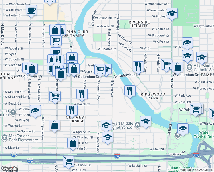 map of restaurants, bars, coffee shops, grocery stores, and more near 1709 West Saint Joseph Street in Tampa
