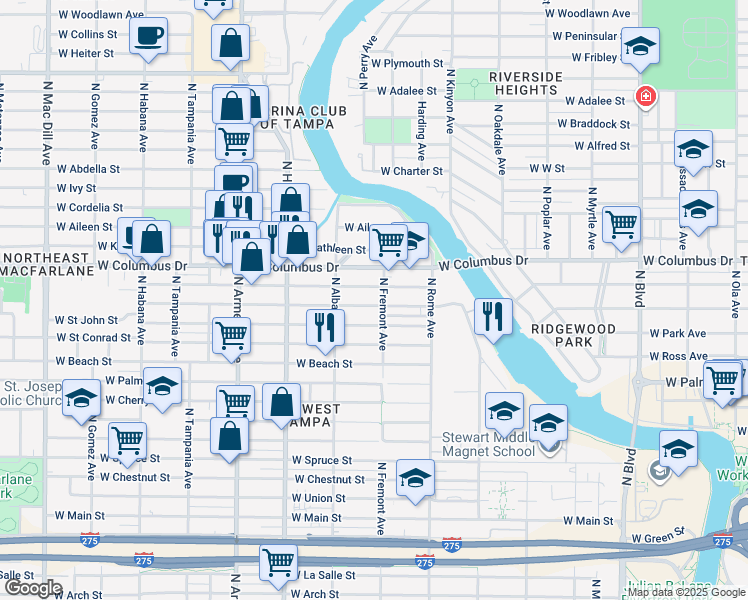 map of restaurants, bars, coffee shops, grocery stores, and more near 1901 West Saint Joseph Street in Tampa