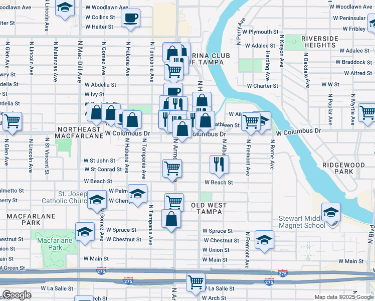 map of restaurants, bars, coffee shops, grocery stores, and more near 2307 West Saint Joseph Street in Tampa
