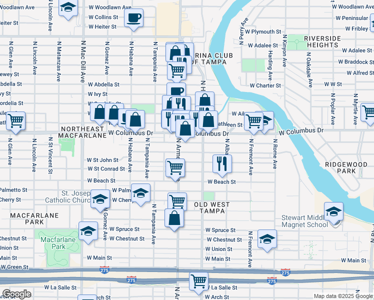 map of restaurants, bars, coffee shops, grocery stores, and more near 2307 West Saint Joseph Street in Tampa