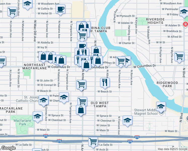 map of restaurants, bars, coffee shops, grocery stores, and more near 2307 West Saint Joseph Street in Tampa