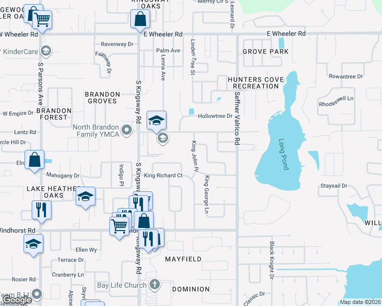 map of restaurants, bars, coffee shops, grocery stores, and more near 3013 King John Place in Seffner