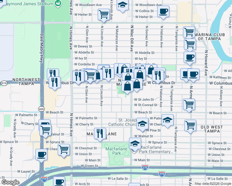 map of restaurants, bars, coffee shops, grocery stores, and more near 2708 North Matanzas Avenue in Tampa