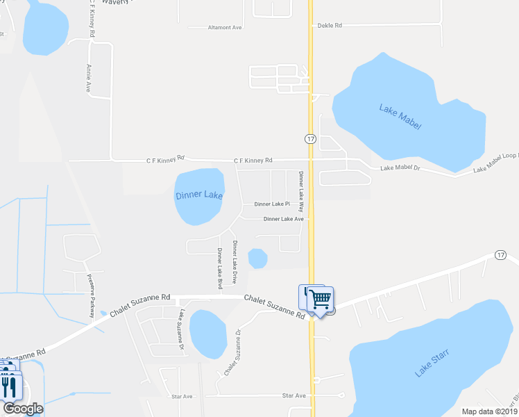 map of restaurants, bars, coffee shops, grocery stores, and more near 238 Dinner Lake Place in Lake Wales