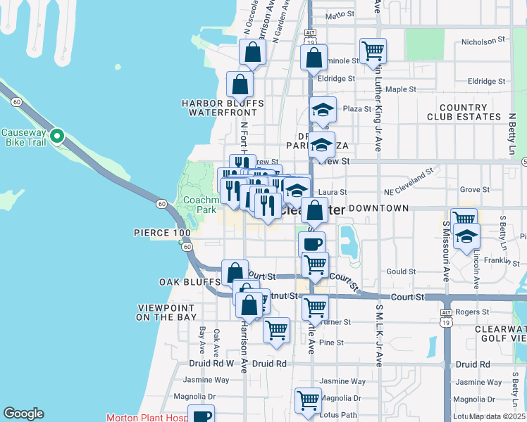 map of restaurants, bars, coffee shops, grocery stores, and more near 600 Cleveland Street in Clearwater