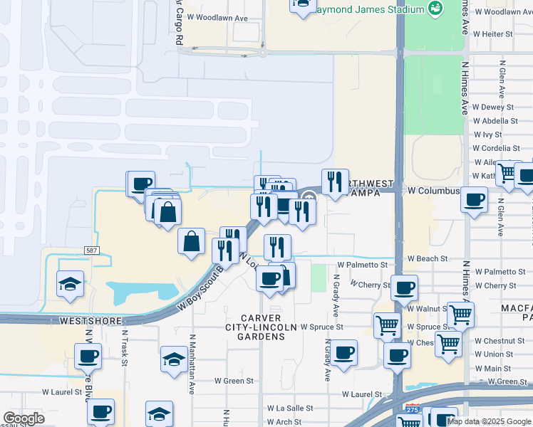 map of restaurants, bars, coffee shops, grocery stores, and more near 4100 West Boy Scout Boulevard in Tampa