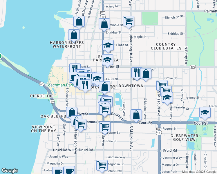map of restaurants, bars, coffee shops, grocery stores, and more near in Clearwater