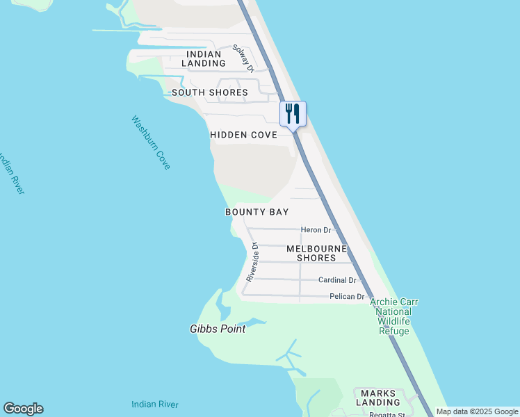 map of restaurants, bars, coffee shops, grocery stores, and more near 350 Indian Mound Drive in Melbourne Beach