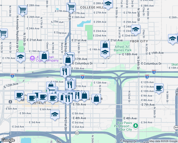 map of restaurants, bars, coffee shops, grocery stores, and more near 2509 East 15th Avenue in Tampa