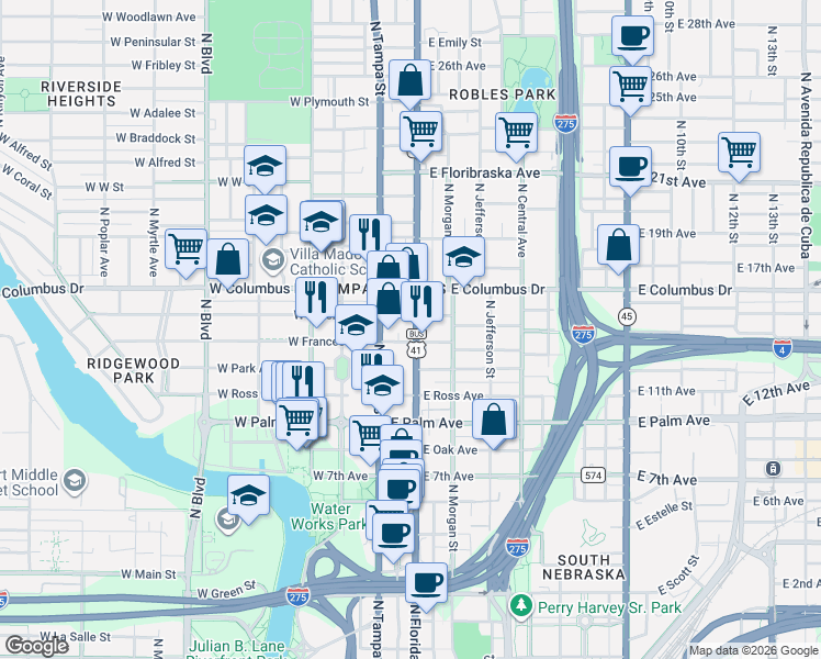 map of restaurants, bars, coffee shops, grocery stores, and more near 2212 North Florida Avenue in Tampa