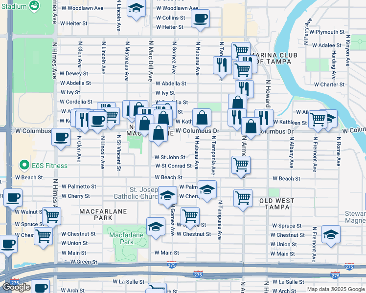 map of restaurants, bars, coffee shops, grocery stores, and more near 3000 West Columbus Drive in Tampa