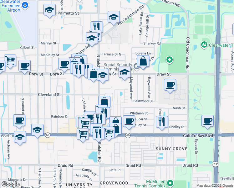map of restaurants, bars, coffee shops, grocery stores, and more near 9th Street in Clearwater