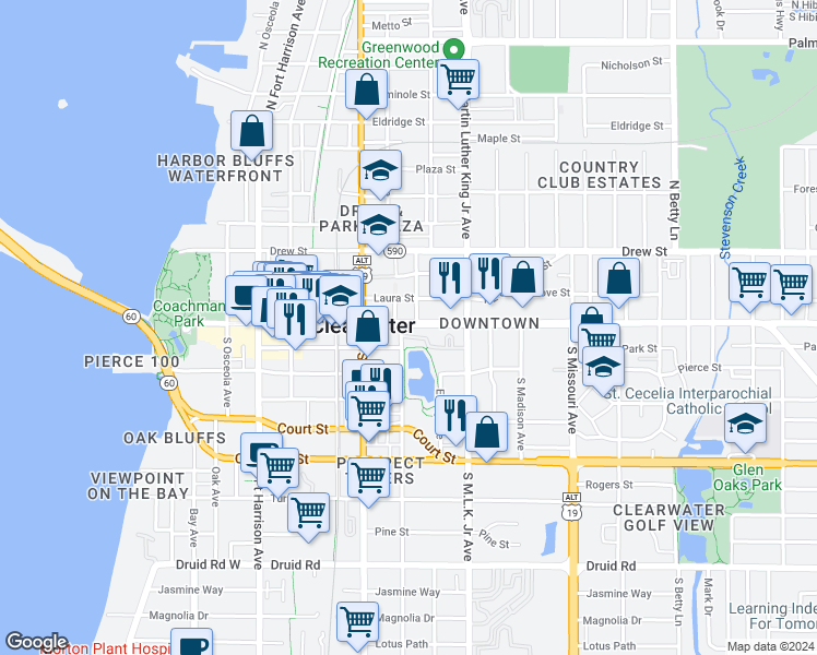 map of restaurants, bars, coffee shops, grocery stores, and more near 908 Cleveland Street in Clearwater