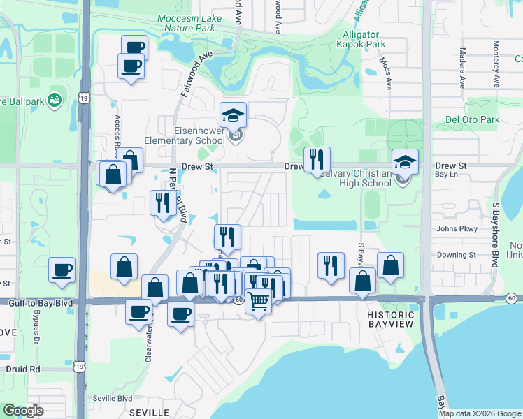 map of restaurants, bars, coffee shops, grocery stores, and more near 103 Bahama Lane in Clearwater