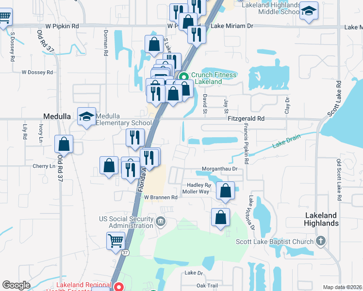 map of restaurants, bars, coffee shops, grocery stores, and more near 344 Pridgeon Court in Lakeland