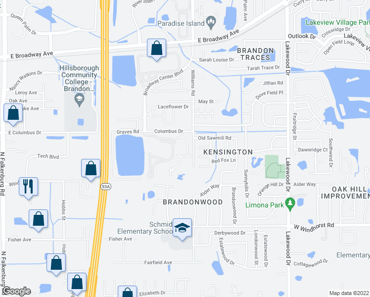 map of restaurants, bars, coffee shops, grocery stores, and more near 2620 Chelsea Manor Boulevard in Brandon