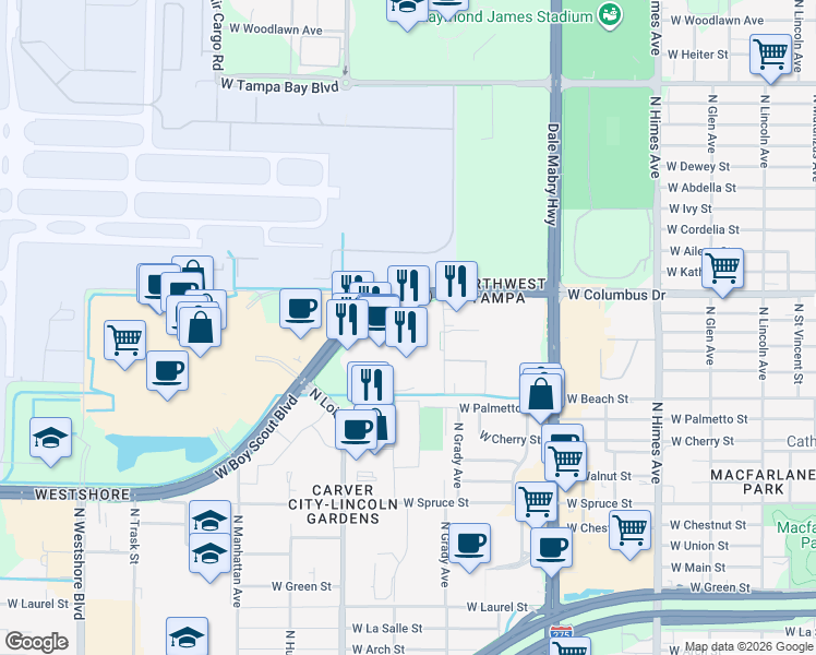 map of restaurants, bars, coffee shops, grocery stores, and more near 4010 West Boy Scout Boulevard in Tampa