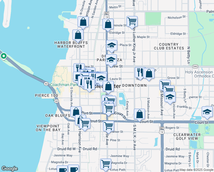 map of restaurants, bars, coffee shops, grocery stores, and more near in Clearwater