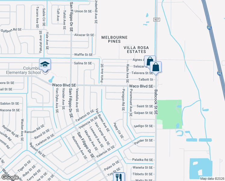 map of restaurants, bars, coffee shops, grocery stores, and more near 1470 Waco Boulevard Southeast in Palm Bay