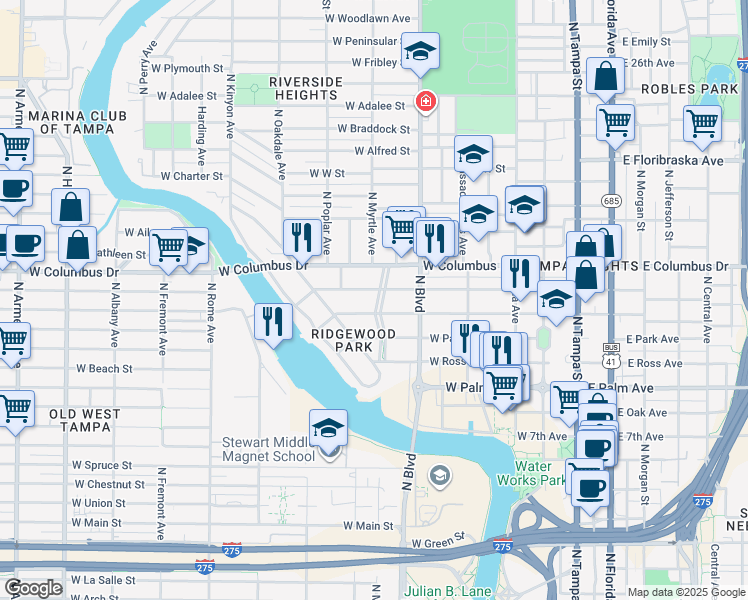 map of restaurants, bars, coffee shops, grocery stores, and more near 808 West Amelia Avenue in Tampa