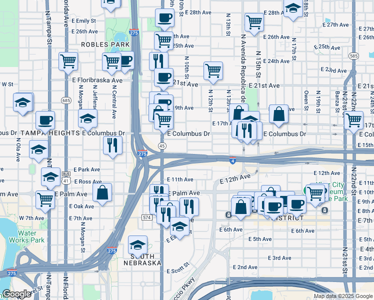 map of restaurants, bars, coffee shops, grocery stores, and more near E 14th Ave & N 10th St in Tampa