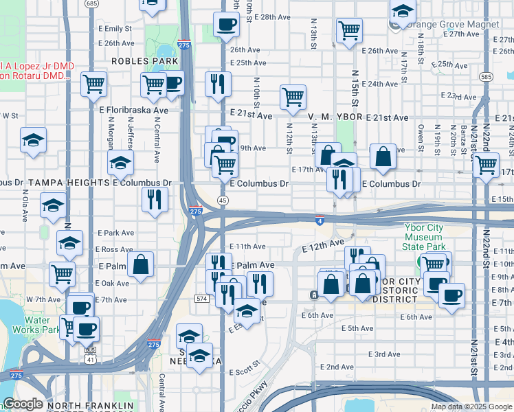 map of restaurants, bars, coffee shops, grocery stores, and more near E 14th Ave & N 10th St in Tampa