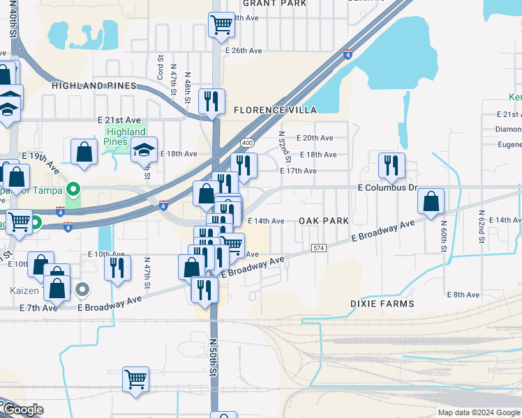 map of restaurants, bars, coffee shops, grocery stores, and more near 5107 East 15th Avenue in Tampa